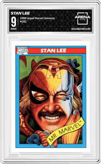 Stan Lee from the 1990 Impel Marvel Universe  set graded by Arena Club and given an overall grade of 9.