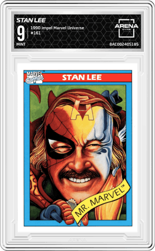 Stan Lee from the 1990 Impel Marvel Universe  set graded by Arena Club and given an overall grade of 9.