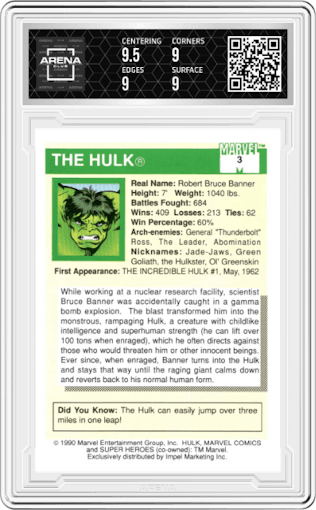 The Hulk from the 1990 Impel Marvel Universe  set graded by Arena Club and given an overall grade of 9.
