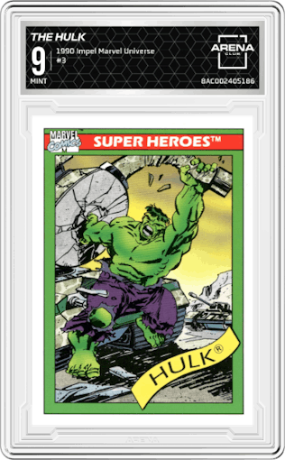 The Hulk from the 1990 Impel Marvel Universe  set graded by Arena Club and given an overall grade of 9.
