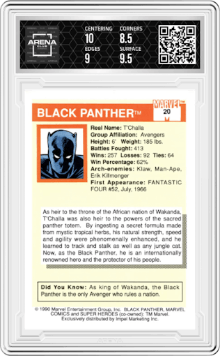 Black Panther from the 1990 Impel Marvel Universe  set graded by Arena Club and given an overall grade of 9.