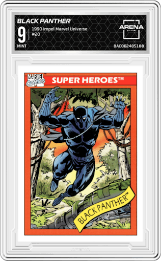 Black Panther from the 1990 Impel Marvel Universe  set graded by Arena Club and given an overall grade of 9.
