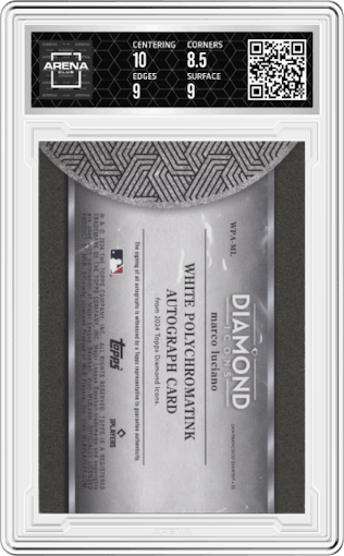 Marco Luciano from the 2024 Topps Diamond Icons set featuring a Red Ink parallel graded by Arena Club and given an overall grade of 9.