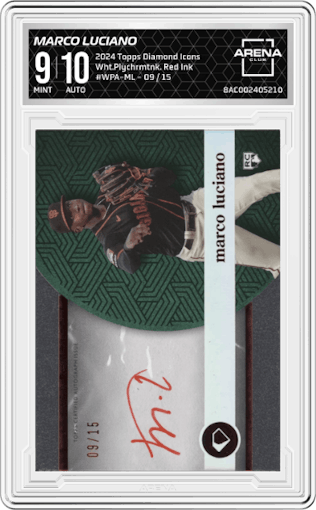 Marco Luciano from the 2024 Topps Diamond Icons set featuring a Red Ink parallel graded by Arena Club and given an overall grade of 9.