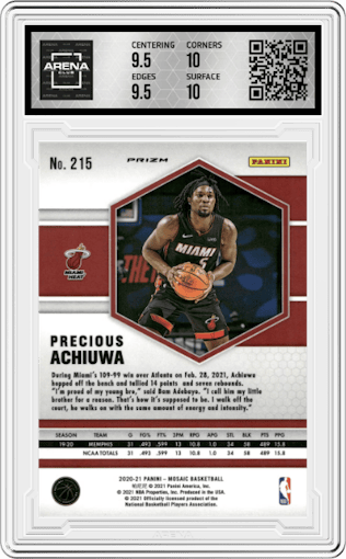 Precious Achiuwa from the 2020-21 Panini Mosaic set featuring a Choice Peacock parallel graded by Arena Club and given an overall grade of 10.