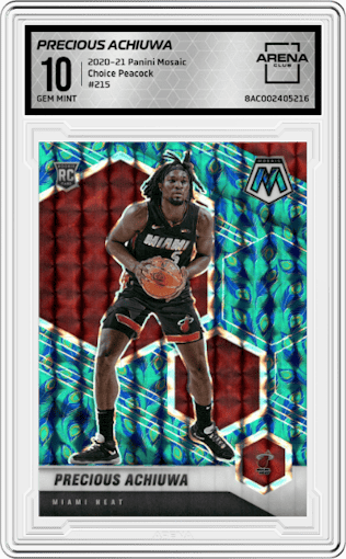 Precious Achiuwa from the 2020-21 Panini Mosaic set featuring a Choice Peacock parallel graded by Arena Club and given an overall grade of 10.