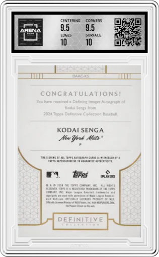 Kodai Senga from the 2024 Topps Definitive Collection set featuring a Green parallel graded by Arena Club and given an overall grade of 10.
