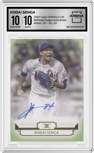 Kodai Senga from the 2024 Topps Definitive Collection set featuring a Green parallel graded by Arena Club and given an overall grade of 10.