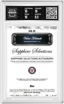 Victor Hurtado  from the 2024 Bowman Chrome Sapphire set graded by Arena Club and given an overall grade of 9.