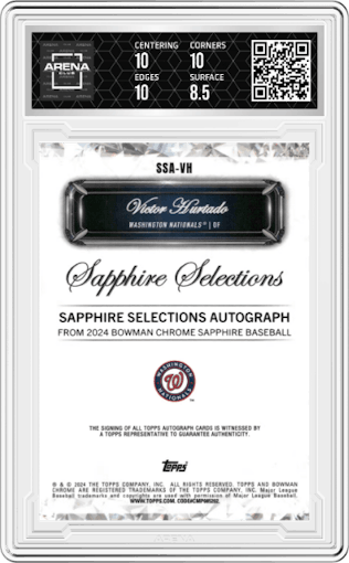Victor Hurtado  from the 2024 Bowman Chrome Sapphire set graded by Arena Club and given an overall grade of 9.