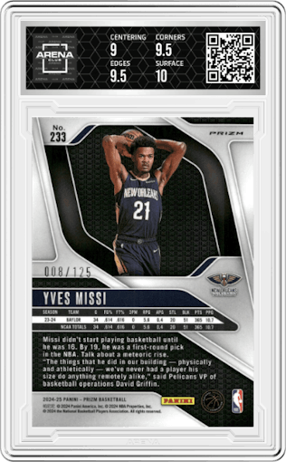 Yves Missi from the 2024-25 Panini Prizm set featuring a Blue Ice Prizm parallel graded by Arena Club and given an overall grade of 9.5.