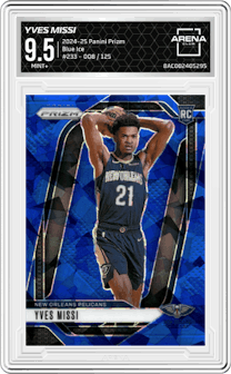 Yves Missi from the 2024-25 Panini Prizm set featuring a Blue Ice Prizm parallel graded by Arena Club and given an overall grade of 9.5.