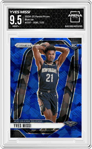 Yves Missi from the 2024-25 Panini Prizm set featuring a Blue Ice Prizm parallel graded by Arena Club and given an overall grade of 9.5.