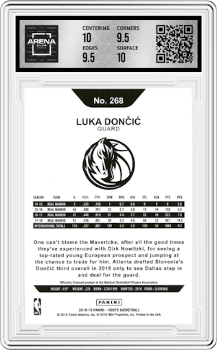 Luka Doncic from the 2018-19 Panini NBA Hoops  set graded by Arena Club and given an overall grade of 10.