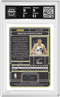 Simone Fontecchio  from the 2022-23 Panini One and One set featuring a Gold parallel graded by Arena Club and given an overall grade of 9.5.