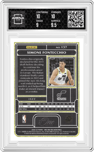 Simone Fontecchio  from the 2022-23 Panini One and One set featuring a Gold parallel graded by Arena Club and given an overall grade of 9.5.