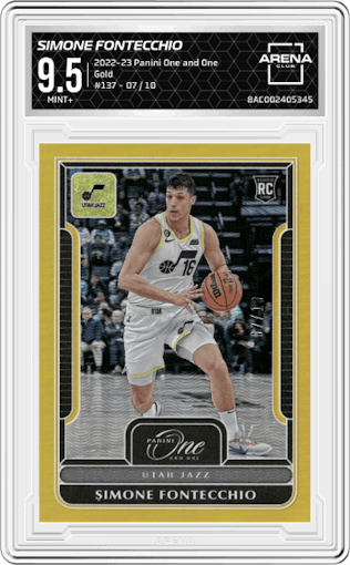 Simone Fontecchio  from the 2022-23 Panini One and One set featuring a Gold parallel graded by Arena Club and given an overall grade of 9.5.