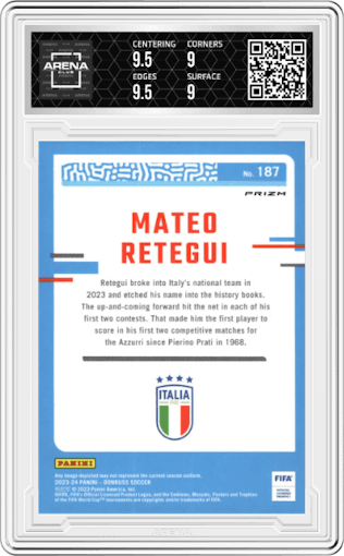 Mateo Retegui from the 2023-24 Panini Donruss set featuring a Velocity parallel graded by Arena Club and given an overall grade of 9.5.