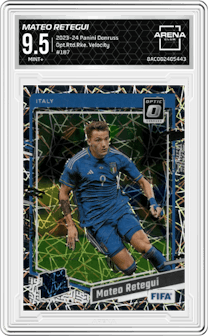 Mateo Retegui from the 2023-24 Panini Donruss set featuring a Velocity parallel graded by Arena Club and given an overall grade of 9.5.
