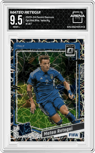 Mateo Retegui from the 2023-24 Panini Donruss set featuring a Velocity parallel graded by Arena Club and given an overall grade of 9.5.