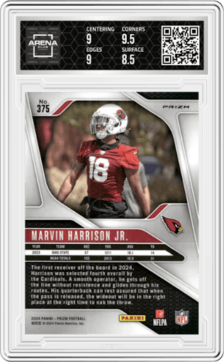 Marvin Harrison Jr. from the 2024 Panini Prizm set featuring a Red/White/Blue Prizm parallel graded by Arena Club and given an overall grade of 9.