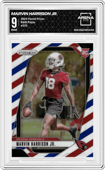 Marvin Harrison Jr. from the 2024 Panini Prizm set featuring a Red/White/Blue Prizm parallel graded by Arena Club and given an overall grade of 9.