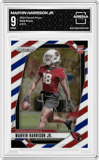 Marvin Harrison Jr. from the 2024 Panini Prizm set featuring a Red/White/Blue Prizm parallel graded by Arena Club and given an overall grade of 9.