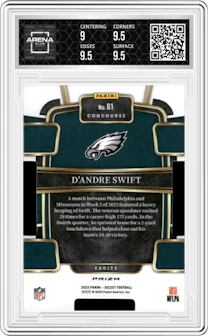 D’Andre Swift from the 2023 Panini Select set featuring a Die-Cut Zebra Prizm parallel graded by Arena Club and given an overall grade of 9.5.