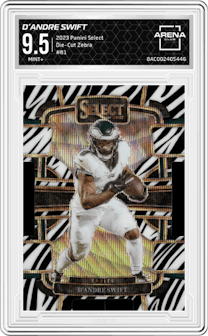 D’Andre Swift from the 2023 Panini Select set featuring a Die-Cut Zebra Prizm parallel graded by Arena Club and given an overall grade of 9.5.