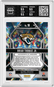 Brian Thomas Jr. from the 2024 Panini Prizm set featuring a Green Wave parallel graded by Arena Club and given an overall grade of 9.5.