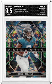 Brian Thomas Jr. from the 2024 Panini Prizm set featuring a Green Wave parallel graded by Arena Club and given an overall grade of 9.5.
