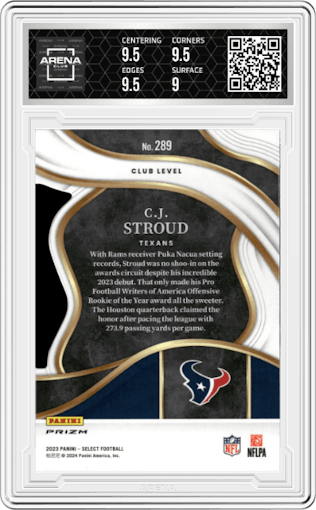 C.J. Stroud from the 2023 Panini Select set featuring a Die-Cut Silver  parallel graded by Arena Club and given an overall grade of 9.5.