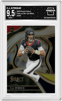 C.J. Stroud from the 2023 Panini Select set featuring a Die-Cut Silver  parallel graded by Arena Club and given an overall grade of 9.5.