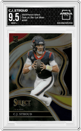 C.J. Stroud from the 2023 Panini Select set featuring a Die-Cut Silver  parallel graded by Arena Club and given an overall grade of 9.5.
