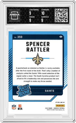 Spencer Rattler from the 2024 Donruss set featuring a Pink parallel graded by Arena Club and given an overall grade of 9.5.