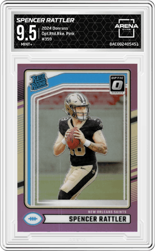 Spencer Rattler from the 2024 Donruss set featuring a Pink parallel graded by Arena Club and given an overall grade of 9.5.