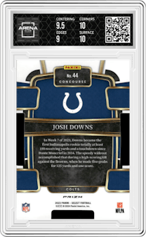 Josh Downs from the 2023 Panini Select set featuring a Die-Cut Red & Blue parallel graded by Arena Club and given an overall grade of 9.5.