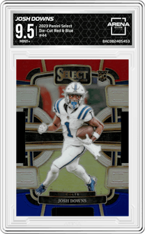 Josh Downs from the 2023 Panini Select set featuring a Die-Cut Red & Blue parallel graded by Arena Club and given an overall grade of 9.5.