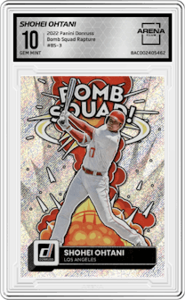 Shohei Ohtani from the 2022 Panini Donruss set featuring a Rapture parallel graded by Arena Club and given an overall grade of 10.