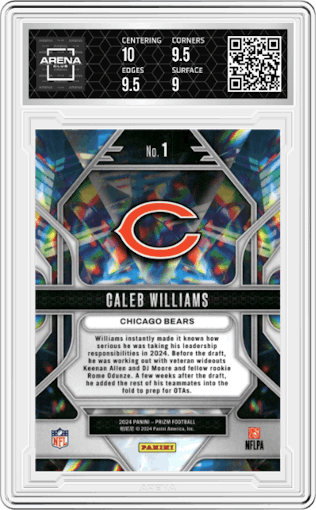 Caleb Williams from the 2024 Panini Prizm set graded by Arena Club and given an overall grade of 9.5.