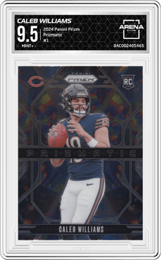 Caleb Williams from the 2024 Panini Prizm set graded by Arena Club and given an overall grade of 9.5.