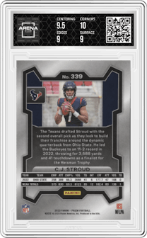 C.J. Stroud from the 2023 Panini Prizm set graded by Arena Club and given an overall grade of 9.5.