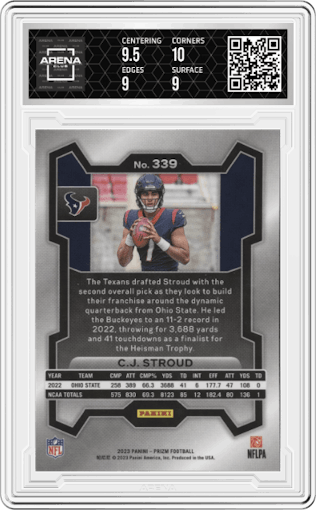 C.J. Stroud from the 2023 Panini Prizm set graded by Arena Club and given an overall grade of 9.5.