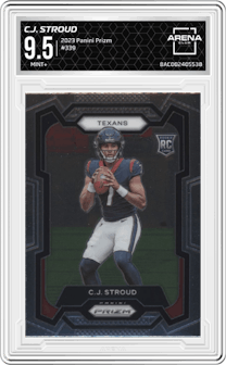 C.J. Stroud from the 2023 Panini Prizm set graded by Arena Club and given an overall grade of 9.5.