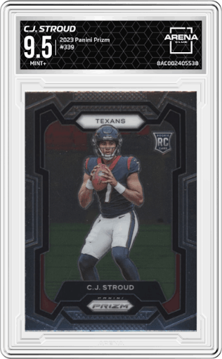 C.J. Stroud from the 2023 Panini Prizm set graded by Arena Club and given an overall grade of 9.5.