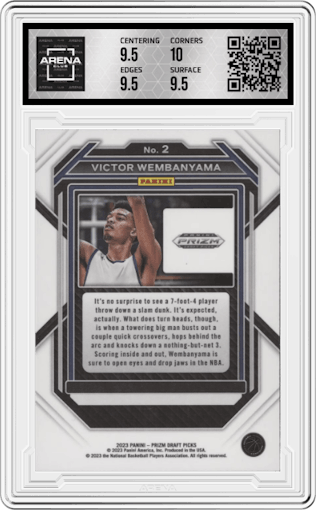 Victor Wembanyama from the 2023-24 Panini Prizm Draft Picks set graded by Arena Club and given an overall grade of 10.