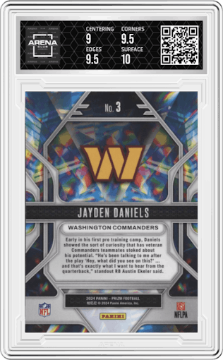 Jayden Daniels from the 2024 Panini Prizm set graded by Arena Club and given an overall grade of 9.5.