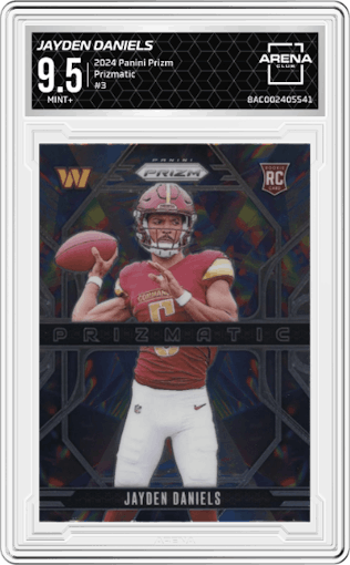 Jayden Daniels from the 2024 Panini Prizm set graded by Arena Club and given an overall grade of 9.5.