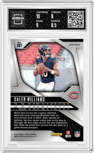 Caleb Williams from the 2024 Panini Prizm set featuring a Disco parallel graded by Arena Club and given an overall grade of 9.