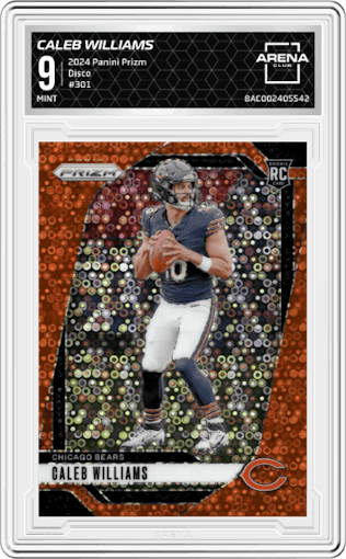 Caleb Williams from the 2024 Panini Prizm set featuring a Disco parallel graded by Arena Club and given an overall grade of 9.